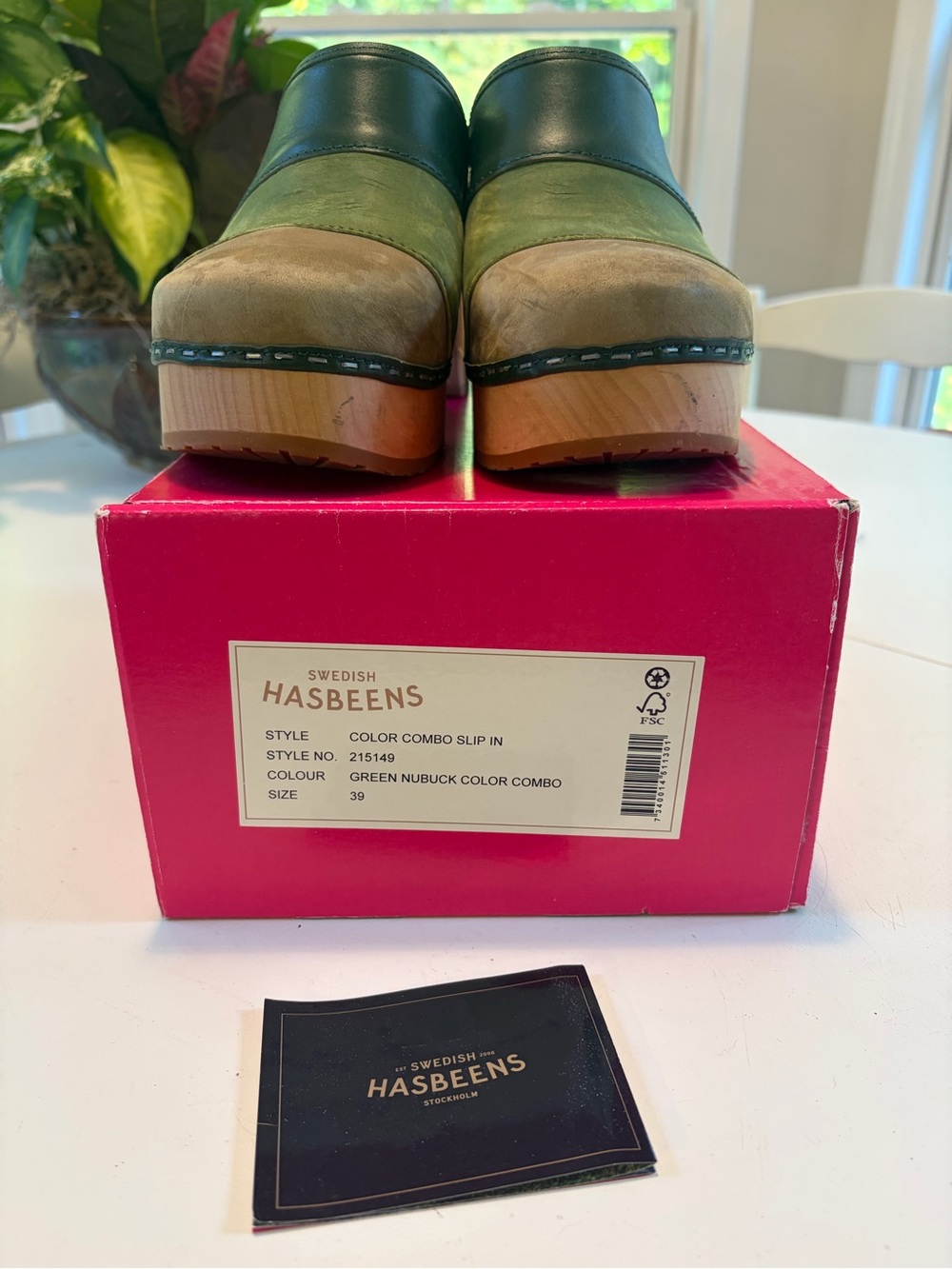 Swedish Hasbeens Green and Tan Leather/Nubuck Slip-On Clogs